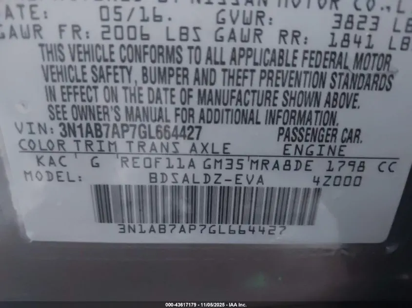 2016 NISSAN SENTRA FE+ S/S/SL/SR/SV