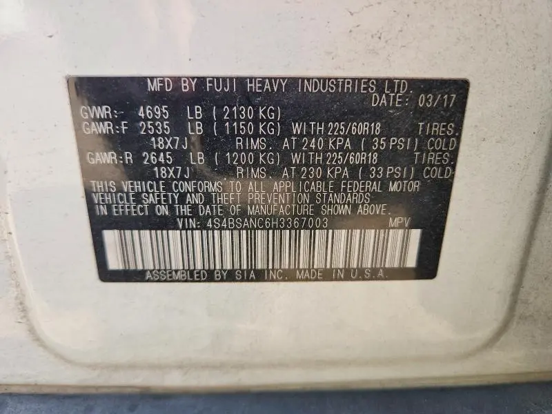 2017 SUBARU OUTBACK 2.5I LIMITED  