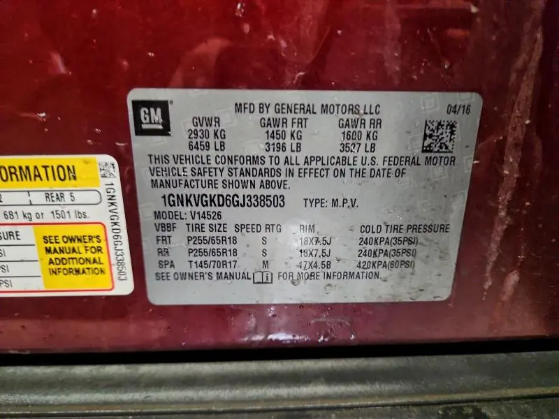 2016 CHEVROLET TRAVERSE LT  