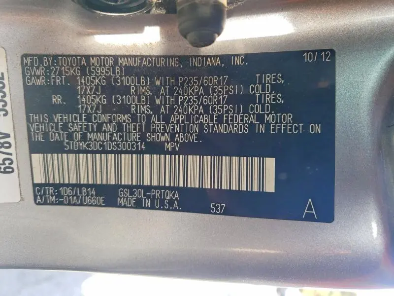 2013 TOYOTA SIENNA XLE 8-PASSENGER  