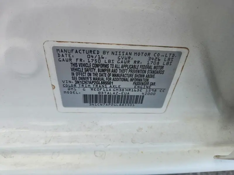 2016 NISSAN VERSA 1.6 S PLUS  