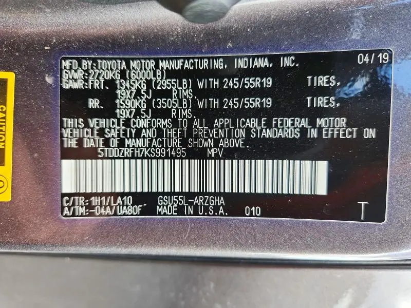2019 TOYOTA HIGHLANDER XLE  