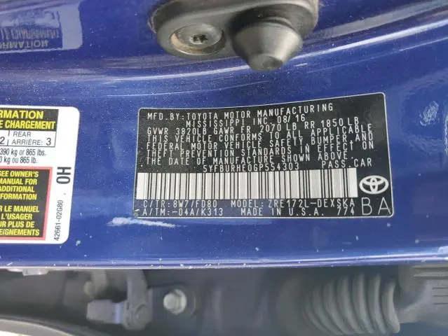 2016 TOYOTA COROLLA L