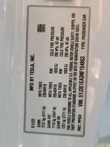 2022 TESLA MODEL 3 