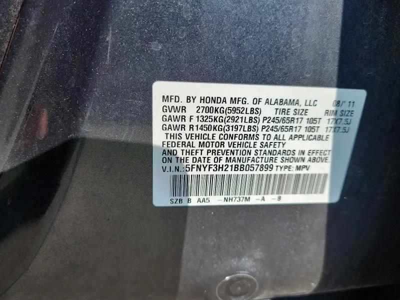 2011 HONDA PILOT LX  