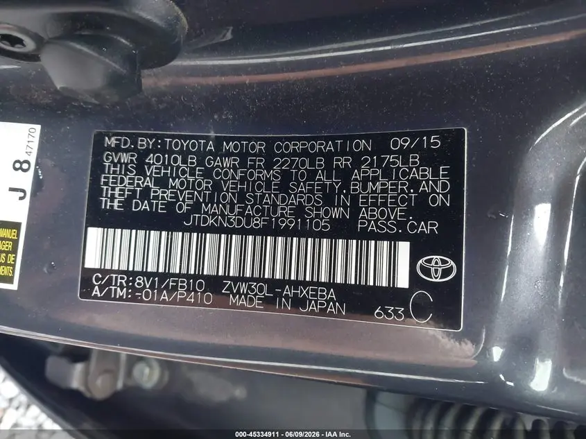 2015 TOYOTA PRIUS TWO
