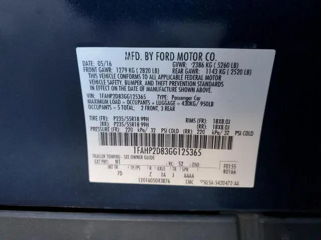 2016 FORD TAURUS SE  