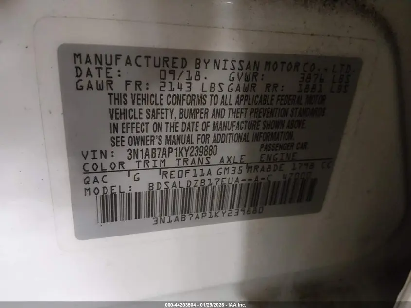 2019 NISSAN SENTRA SV