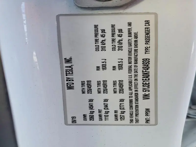 2019 TESLA MODEL 3   
