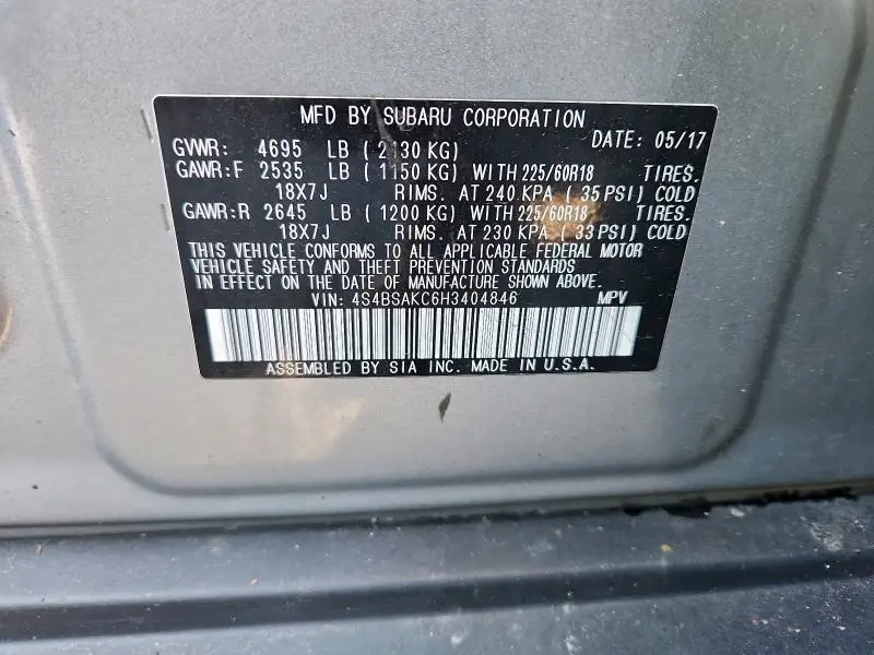 2017 SUBARU OUTBACK 2.5I LIMITED  