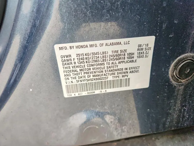 2019 HONDA PILOT EXL  