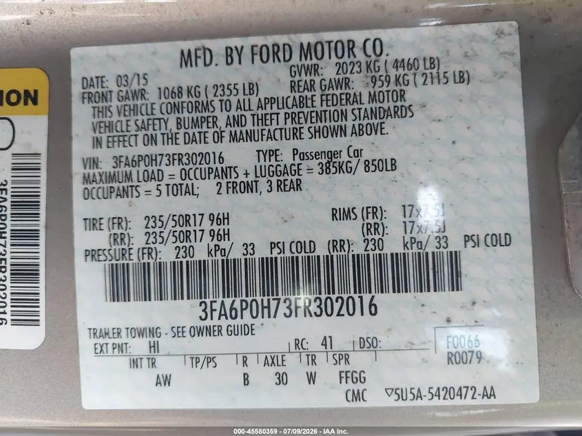 2015 FORD FUSION SE