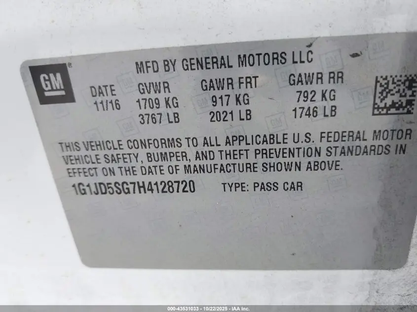 2017 CHEVROLET SONIC LT AUTO