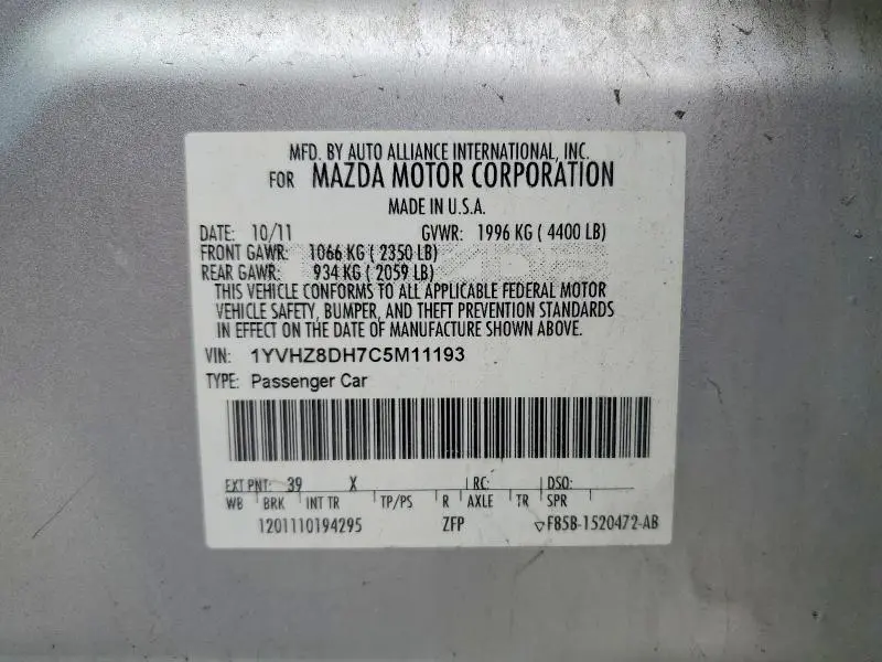 2012 MAZDA 6 I  