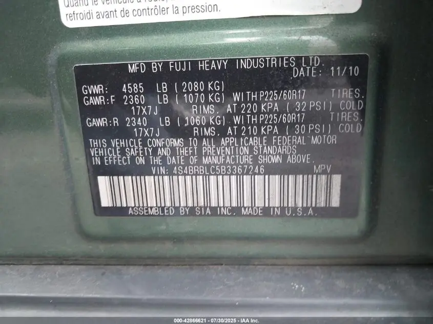 2011 SUBARU OUTBACK 2.5I LIMITED