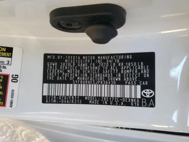 2018 TOYOTA COROLLA L  