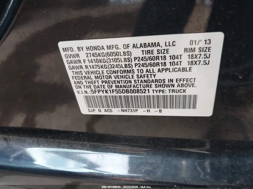 2013 HONDA RIDGELINE RTL