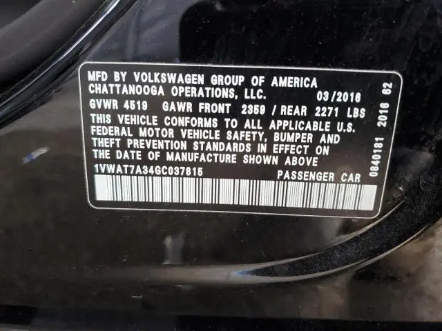 2016 VOLKSWAGEN PASSAT S  