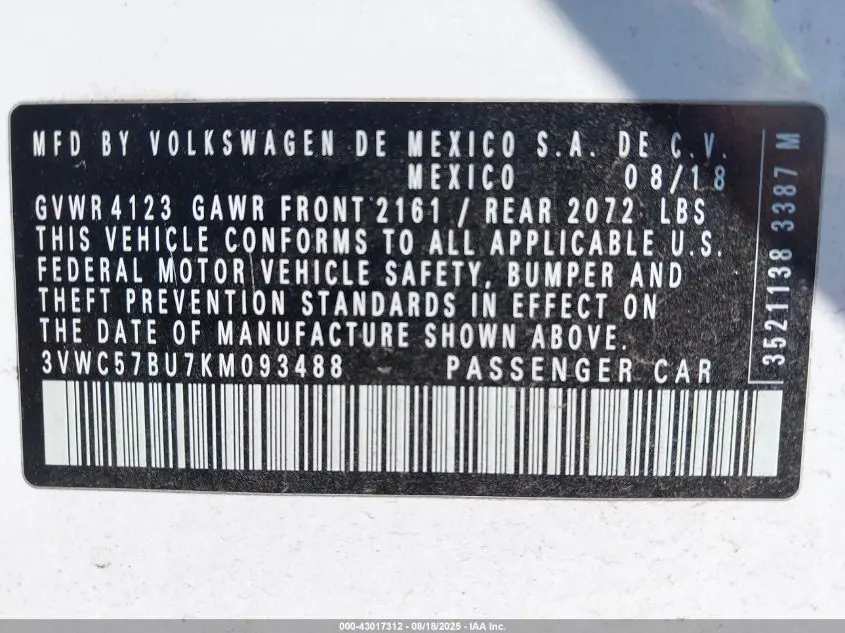 2019 VOLKSWAGEN JETTA 1.4T R-LINE/1.4T S/1.4T SE