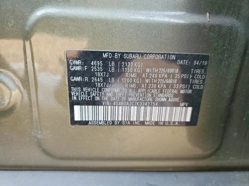 2019 SUBARU OUTBACK 2.5I LIMITED  