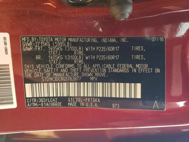 2016 TOYOTA SIENNA XLE 8-PASSENGER  