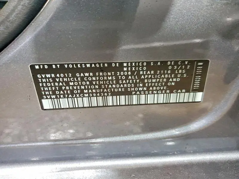 2012 VOLKSWAGEN JETTA BASE  
