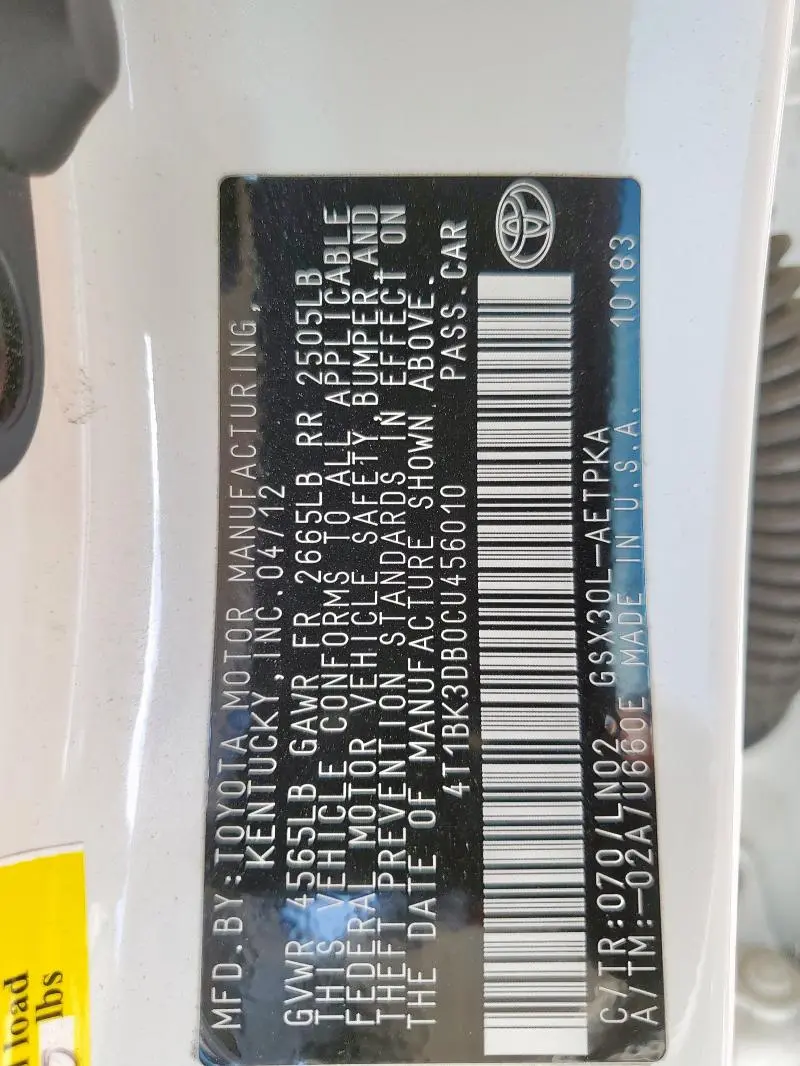 2012 TOYOTA AVALON BASE  