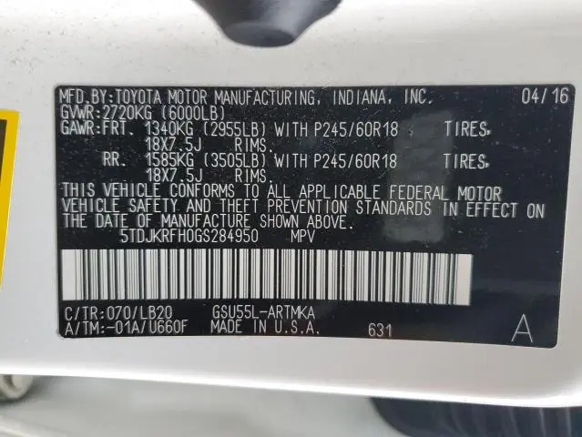 2016 TOYOTA HIGHLANDER XLE  