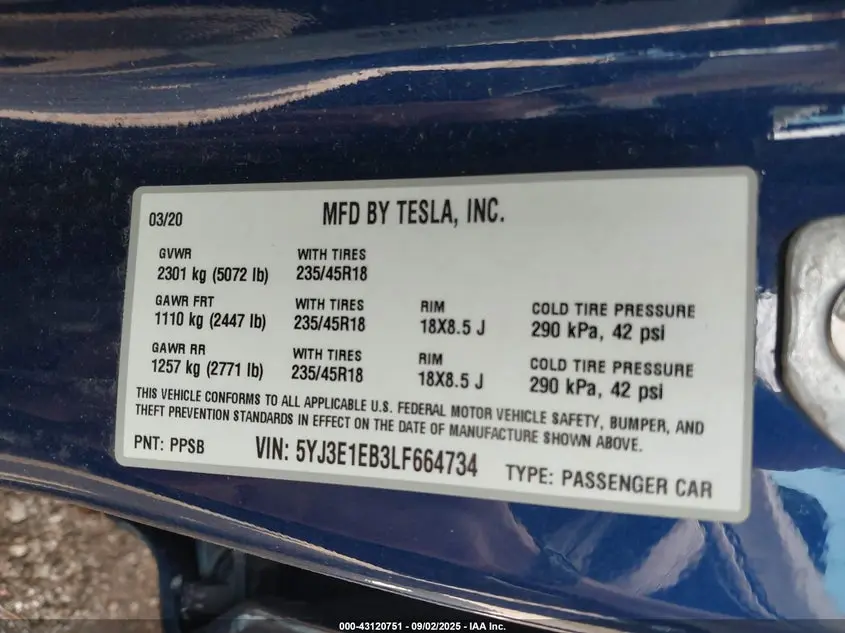 2020 TESLA MODEL 3 LONG RANGE DUAL MOTOR ALL-WHEEL DRIVE