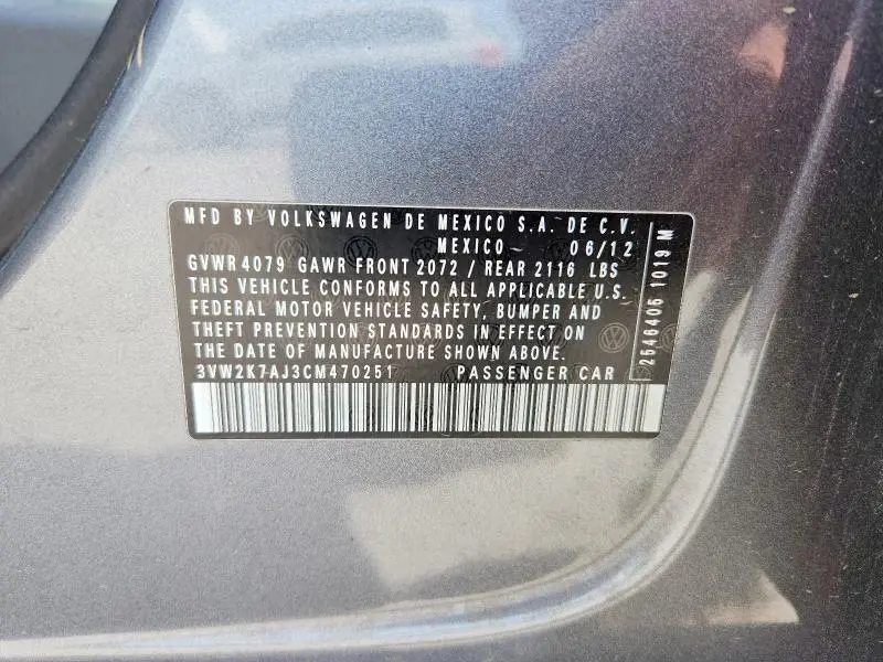 2012 VOLKSWAGEN JETTA BASE  