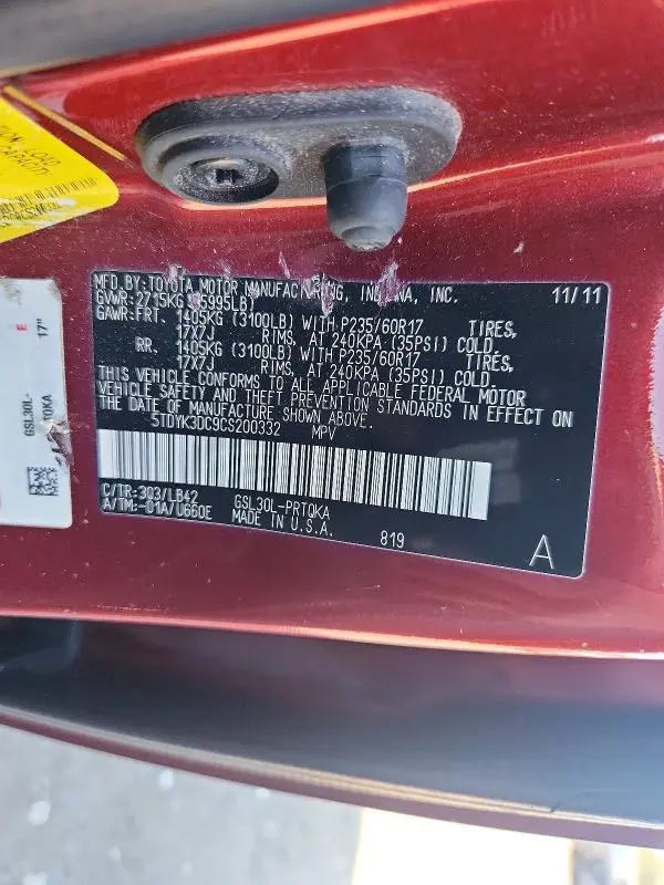2012 TOYOTA SIENNA XLE 8-PASSENGER  