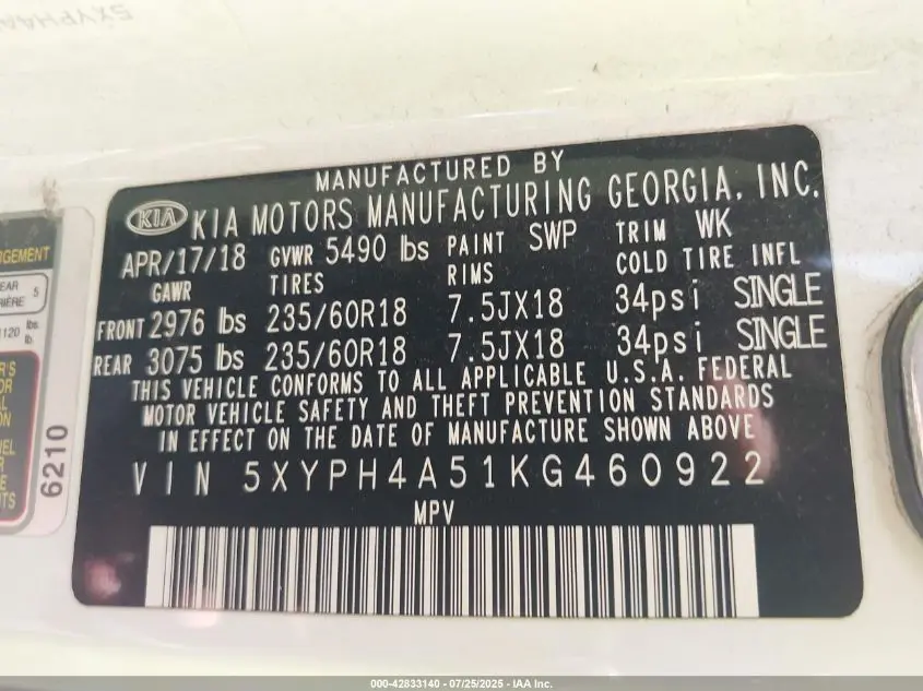2019 KIA SORENTO 3.3L EX
