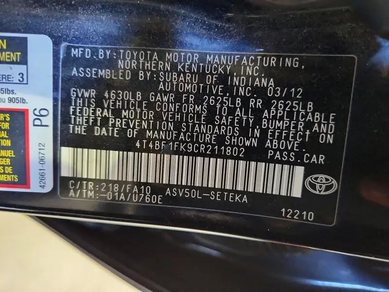 2012 TOYOTA CAMRY L  