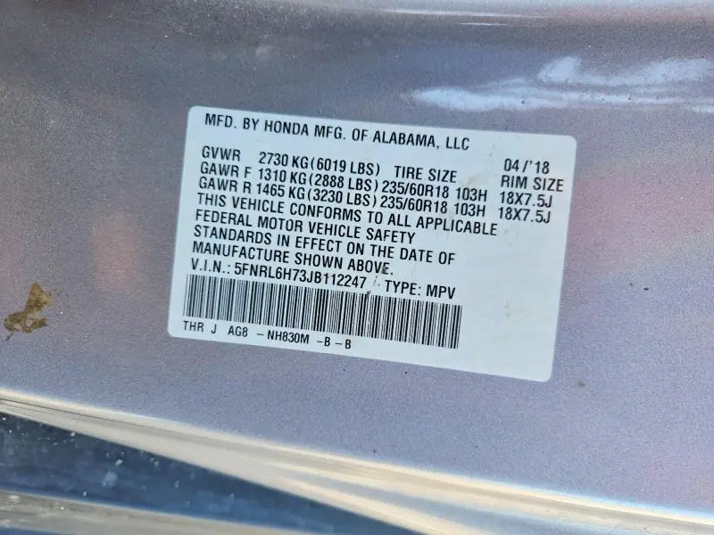 2018 HONDA ODYSSEY EXL  
