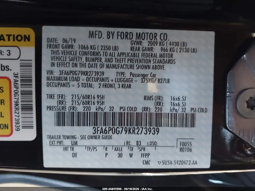 2019 FORD FUSION S