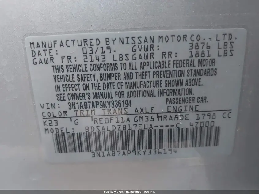 2019 NISSAN SENTRA SV