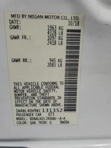 2019 NISSAN ALTIMA SV  