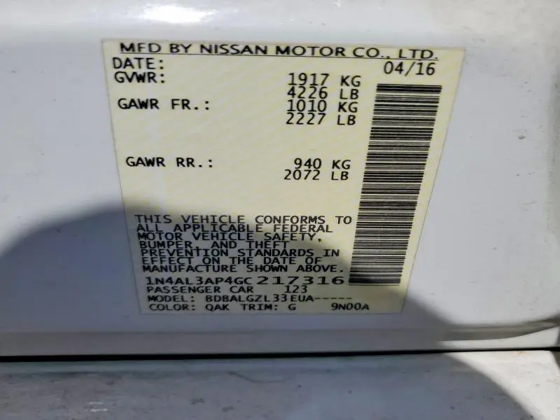 2016 NISSAN ALTIMA 2.5 S  