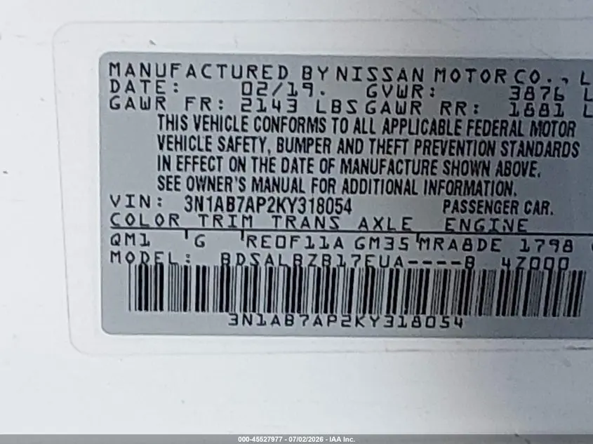 2019 NISSAN SENTRA S