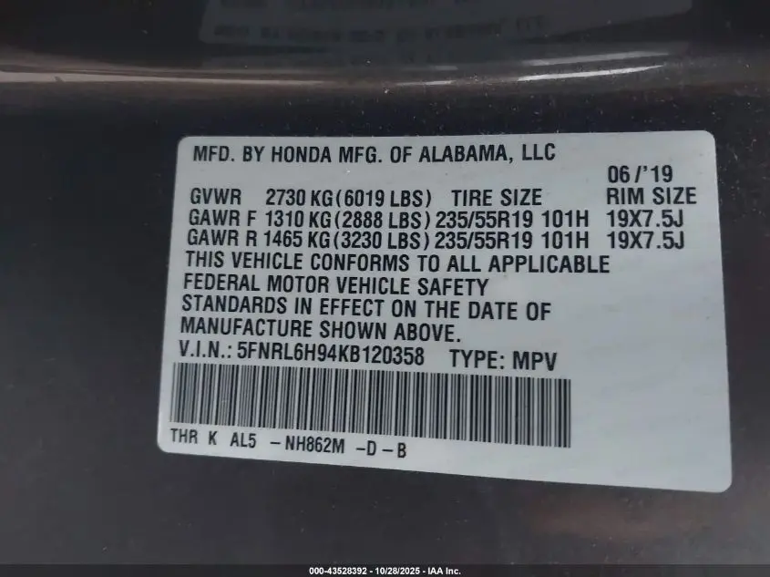 2019 HONDA ODYSSEY ELITE