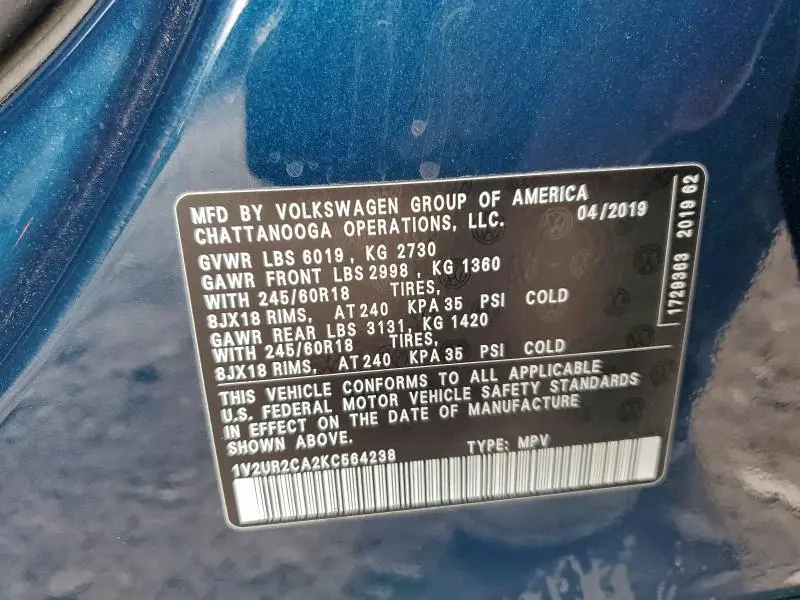2019 VOLKSWAGEN ATLAS SE  