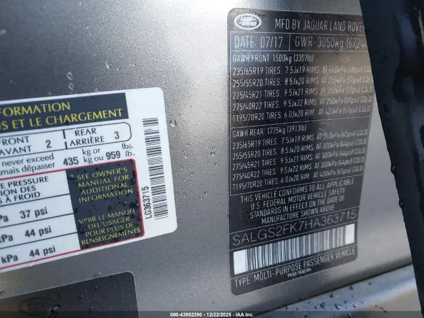 2017 LAND ROVER RANGE ROVER 3.0L V6 TURBOCHARGED DIESEL HSE TD6