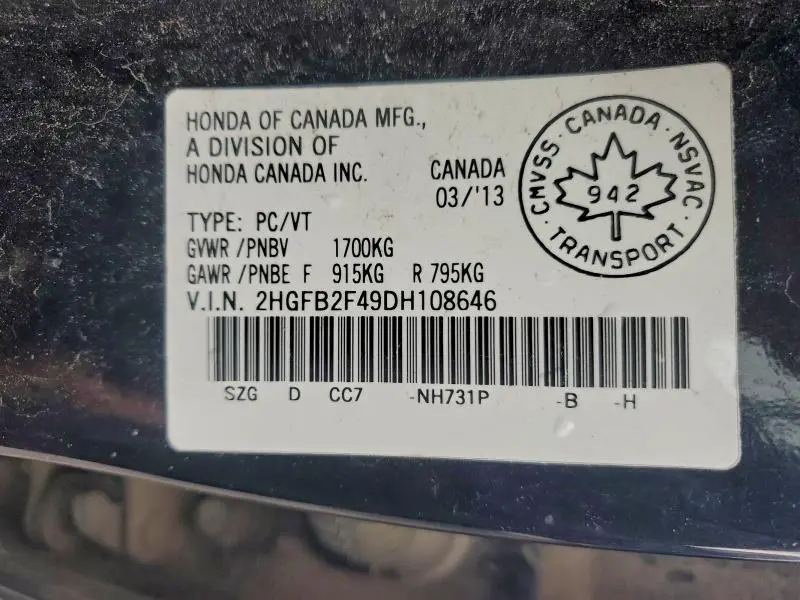 2013 HONDA CIVIC LX  