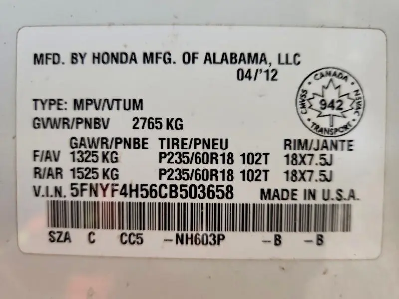 2012 HONDA PILOT EXL  