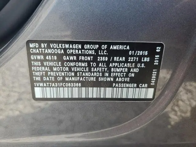 2015 VOLKSWAGEN PASSAT S  