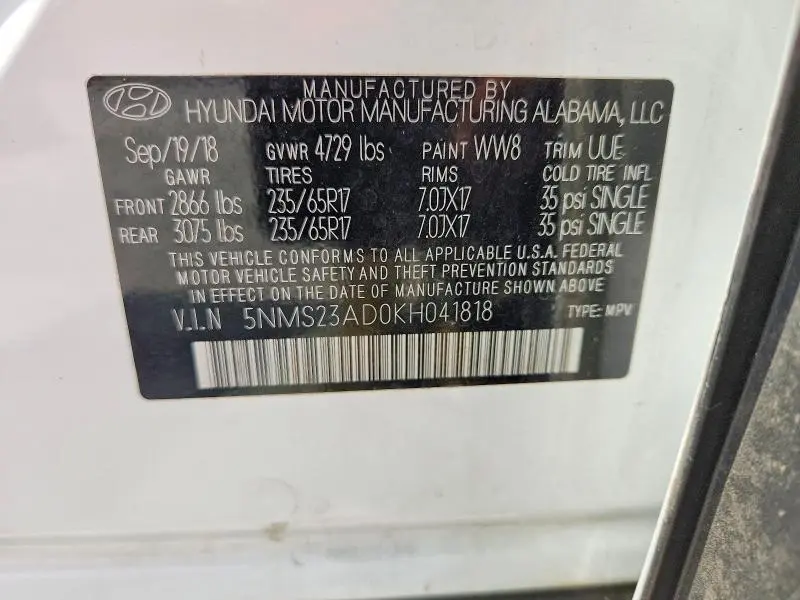 2019 HYUNDAI SANTA FE SE  