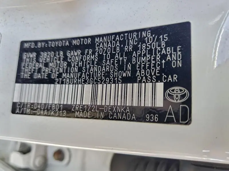 2016 TOYOTA COROLLA L  