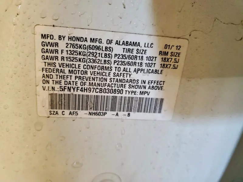 2012 HONDA PILOT TOURING  