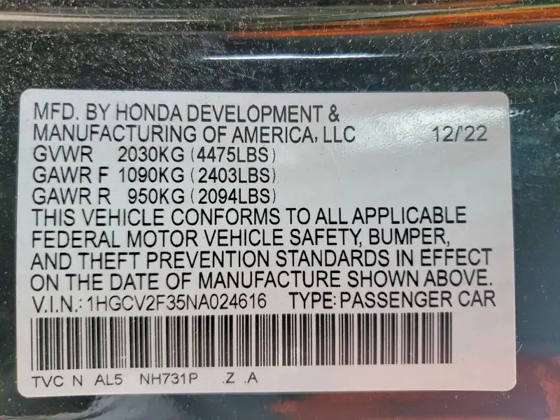 2022 HONDA ACCORD SPORT  
