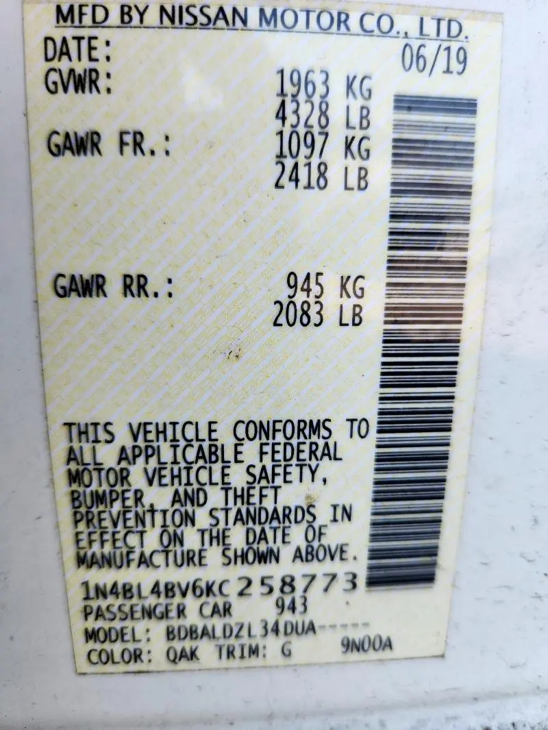 2019 NISSAN ALTIMA S  